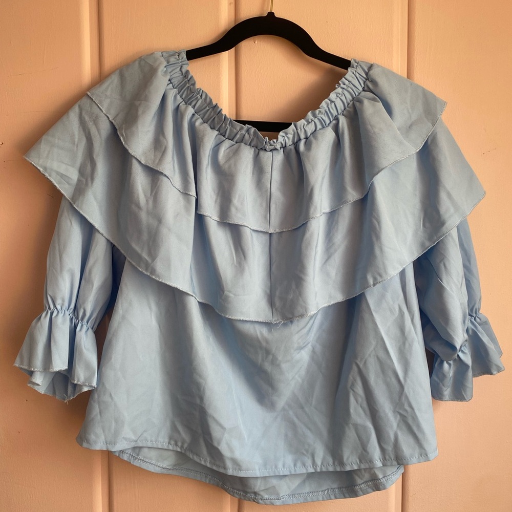 Light Blue Ruffled Peasant Women's Top - Picture 2 of 3
